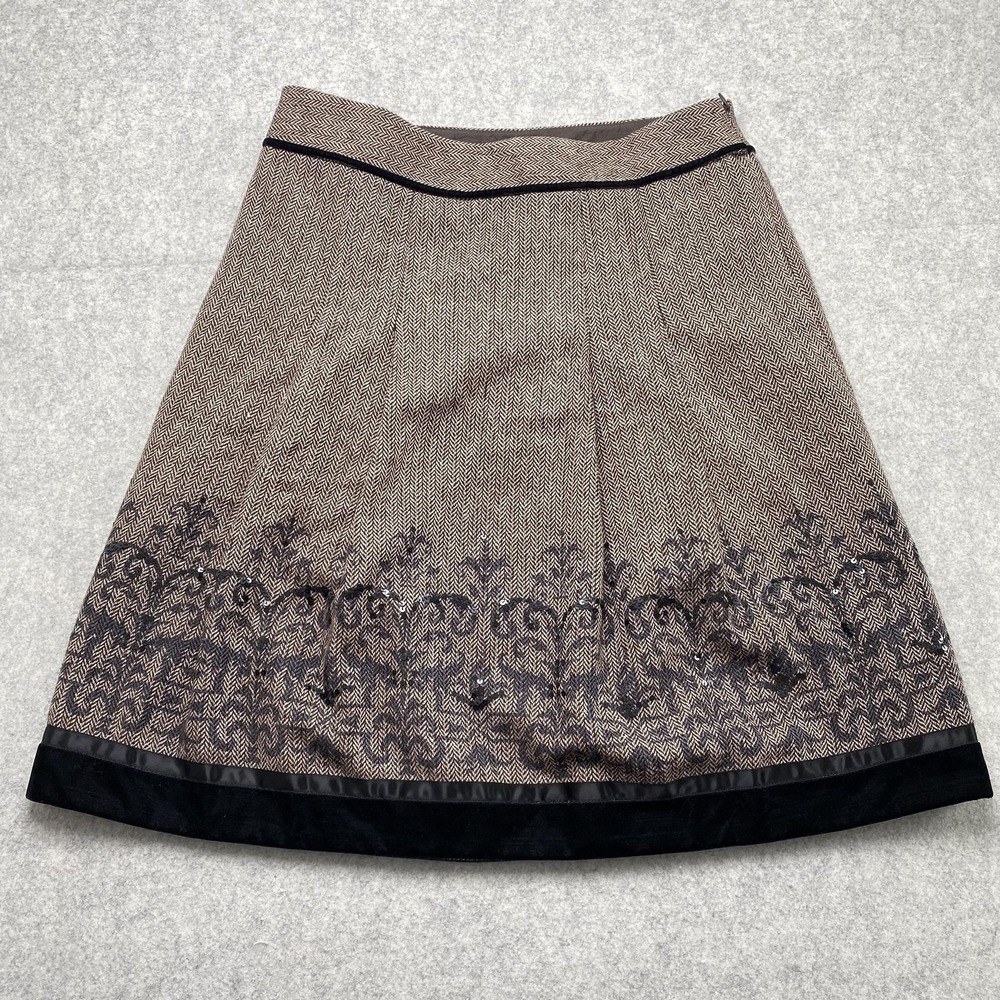LOFT Skirt Womens 8P 30 Brown Herringbone Tweed A Line Sequin Velvet Knee Length